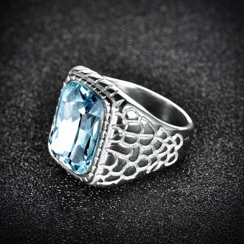 MASOP Big Large Blue Aquamarine Color Mens Stainless Steel Rings Wedding Mids Ring Silver Color Size 9 - Image 2